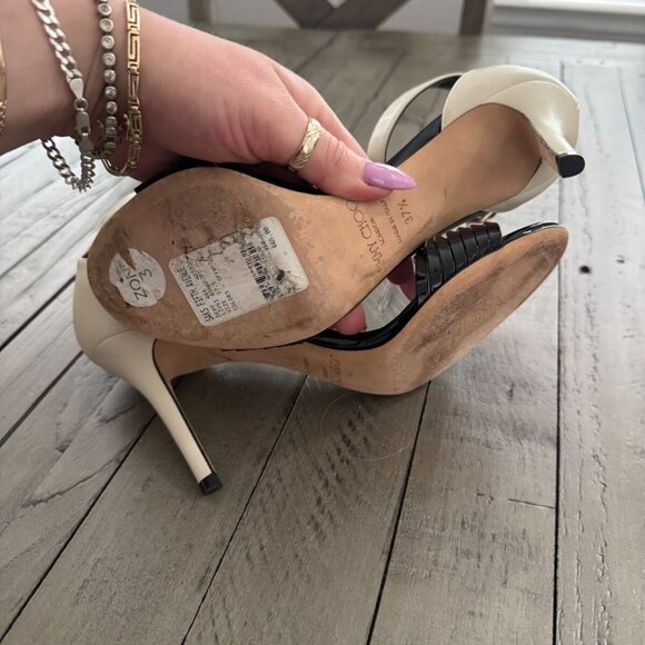 Jimmy Choo Livvi 85 Two-tone Leather Sandals Heels White Black - Picture 12 of 14